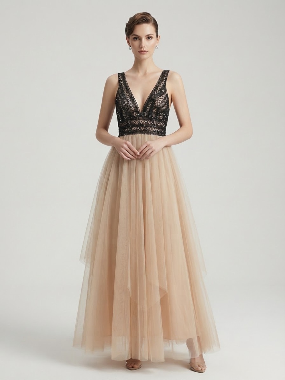 Camille La Vie Black Lace Bodice with Nude Tulle Maxi Gown
